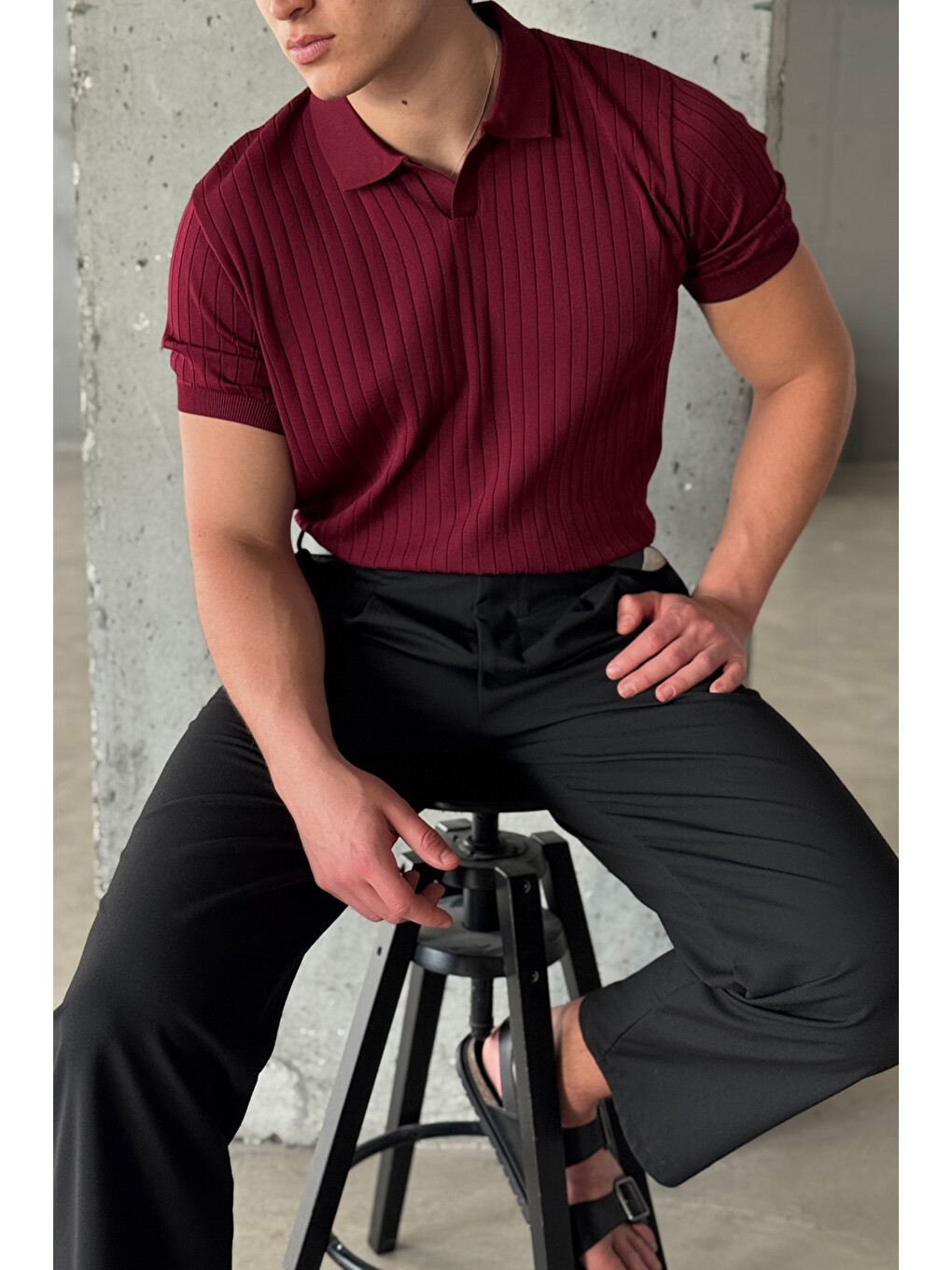 Bordo Erkek Oversize Fitilli Polo Yaka İnce Triko Tişört-1