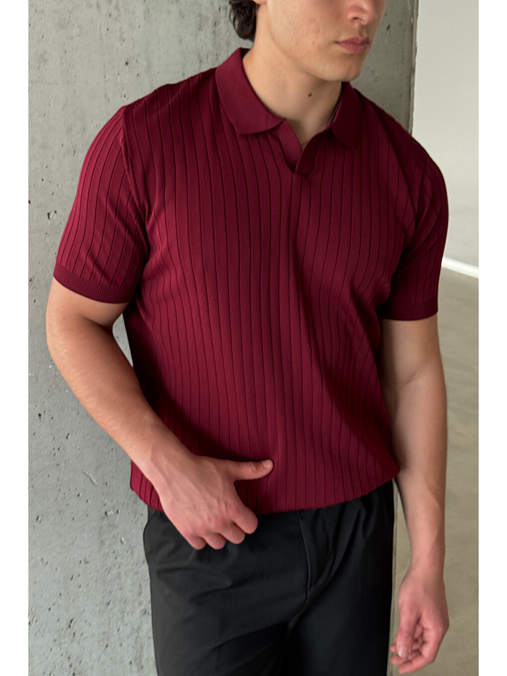 Bordo Erkek Oversize Fitilli Polo Yaka İnce Triko Tişört-2