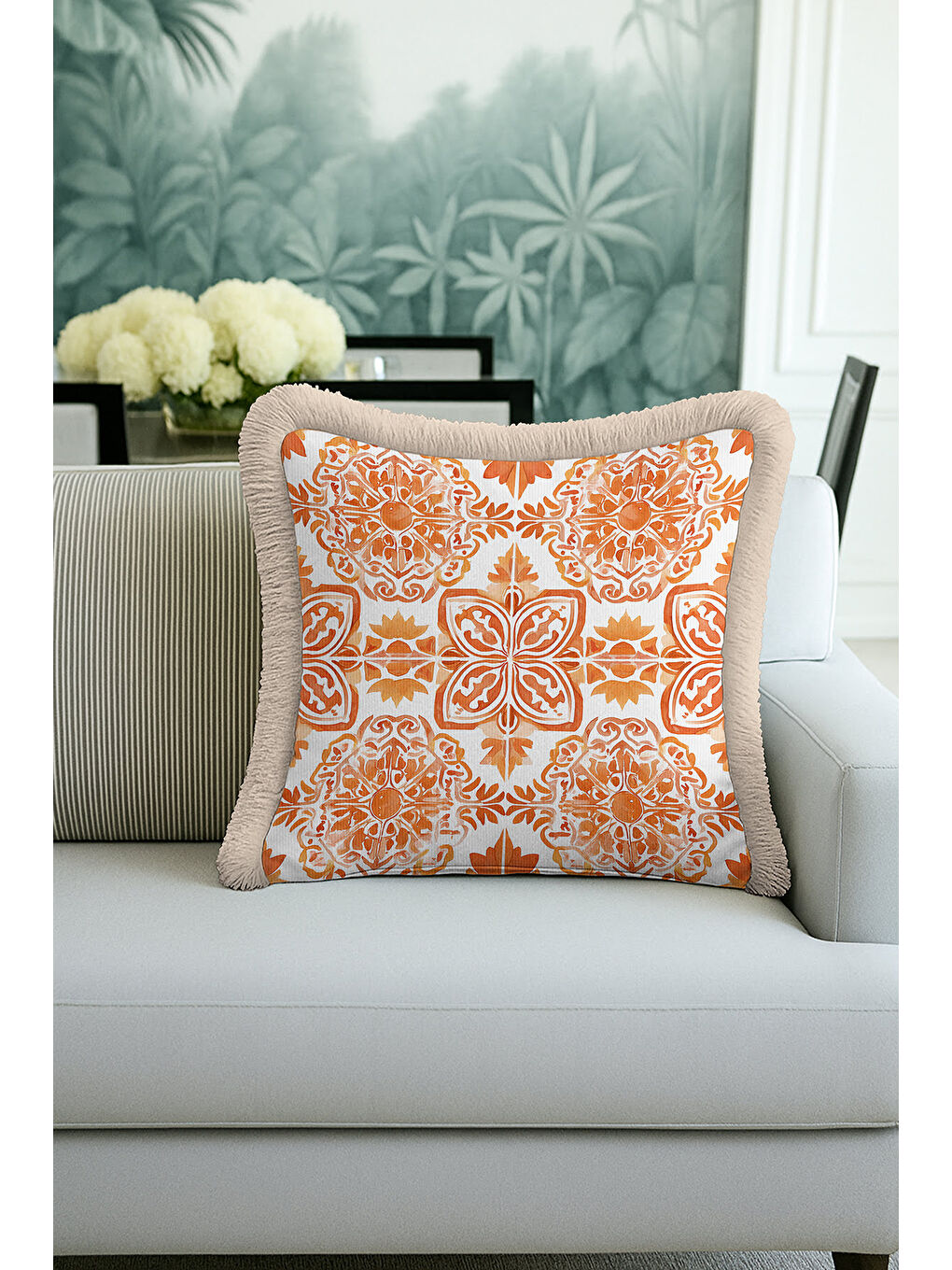 Karışık Otantik Altın Renkli Saçaklı Yastık Kılıfı - Akdeniz Bohem Turuncu Bej Püsküllü Kırlent Kılıfı