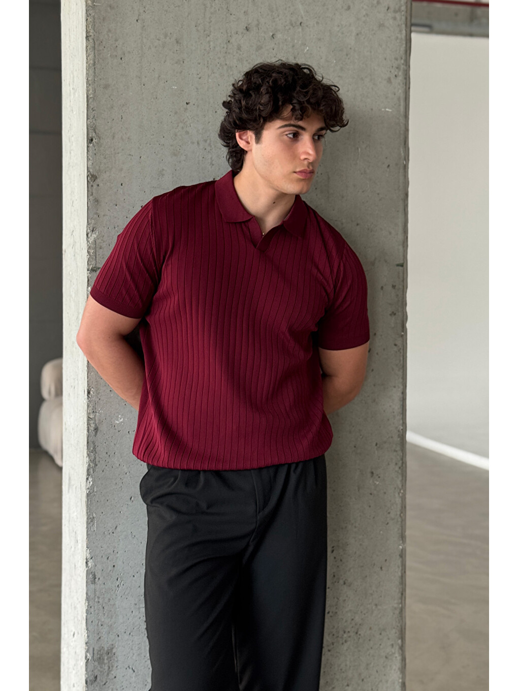 Bordo Erkek Oversize Fitilli Polo Yaka İnce Triko Tişört-3