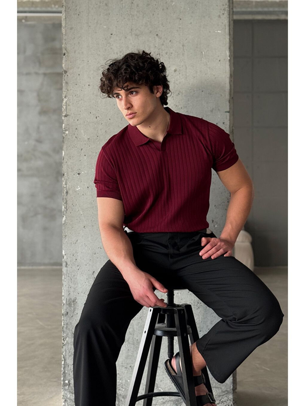 Bordo Erkek Oversize Fitilli Polo Yaka İnce Triko Tişört-4