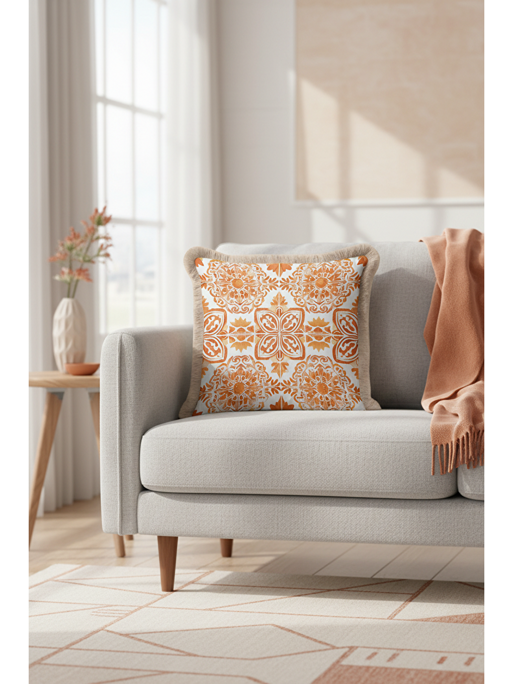 Karışık Otantik Altın Renkli Saçaklı Yastık Kılıfı - Akdeniz Bohem Turuncu Bej Püsküllü Kırlent Kılıfı-1