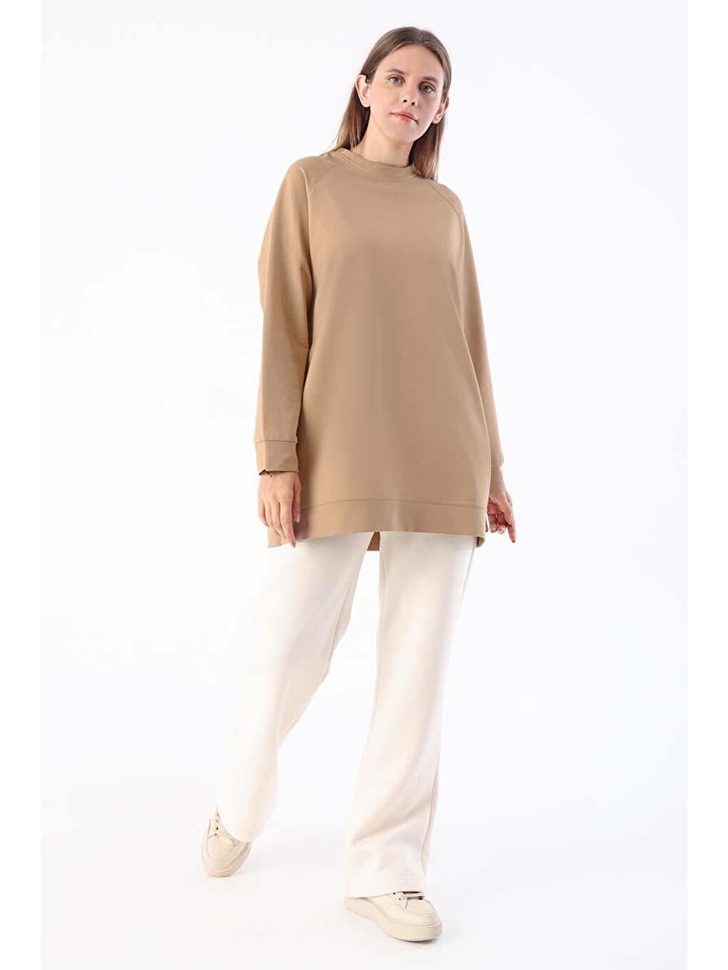 Bej-Bisiklet Yaka Reglan Kol Sweat