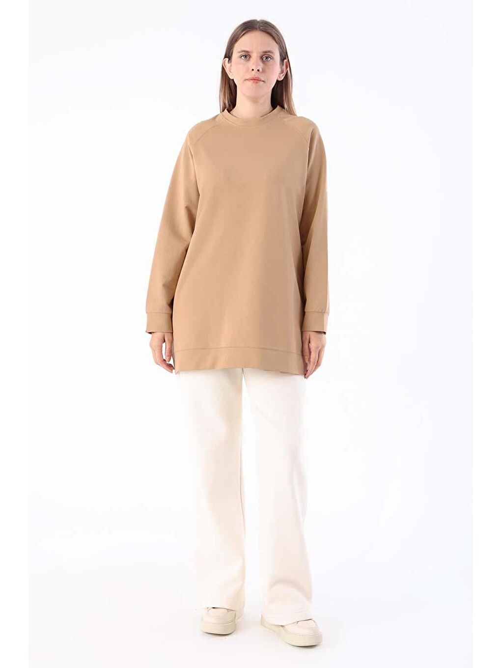 Bej-Bisiklet Yaka Reglan Kol Sweat-1