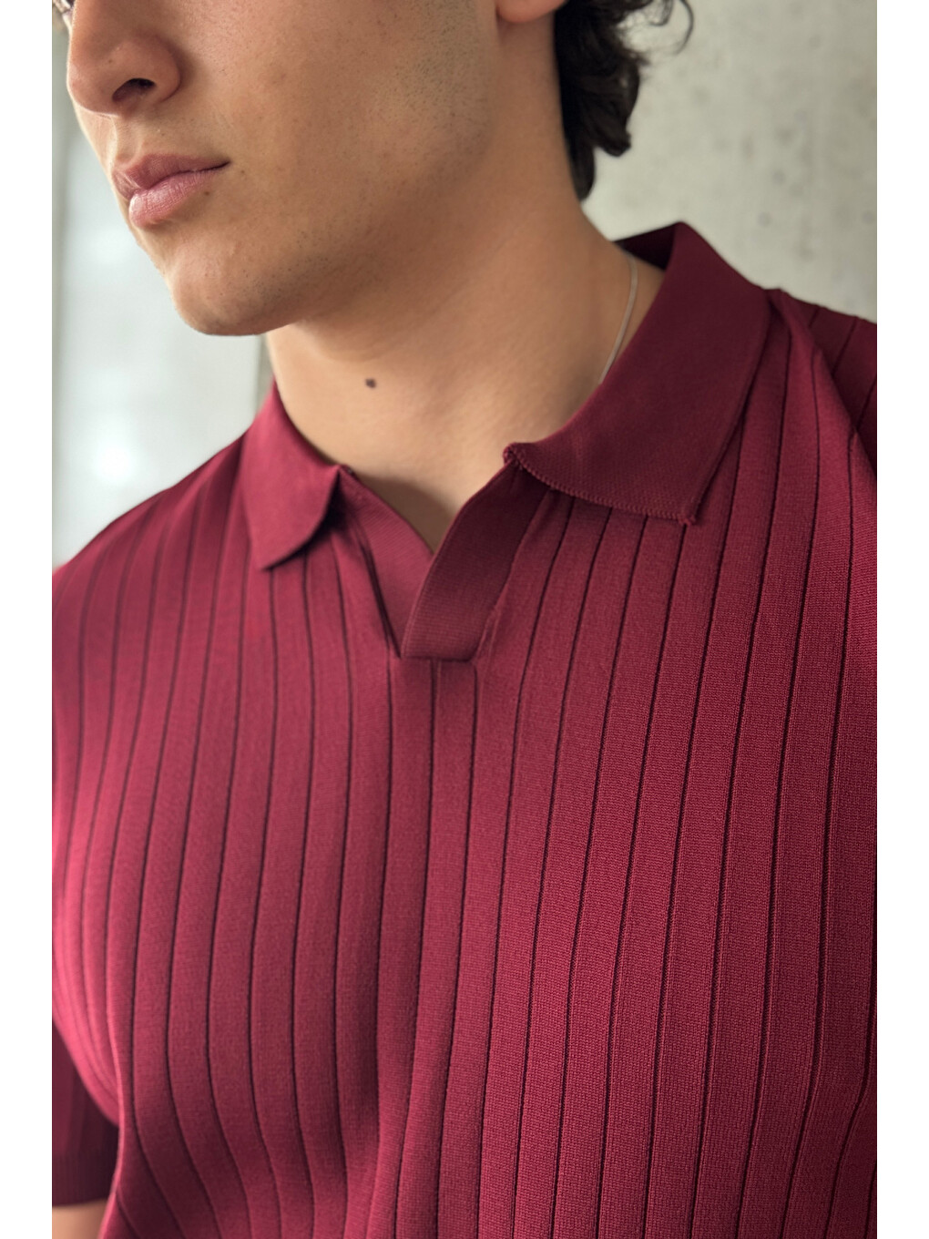 Bordo Erkek Oversize Fitilli Polo Yaka İnce Triko Tişört-5