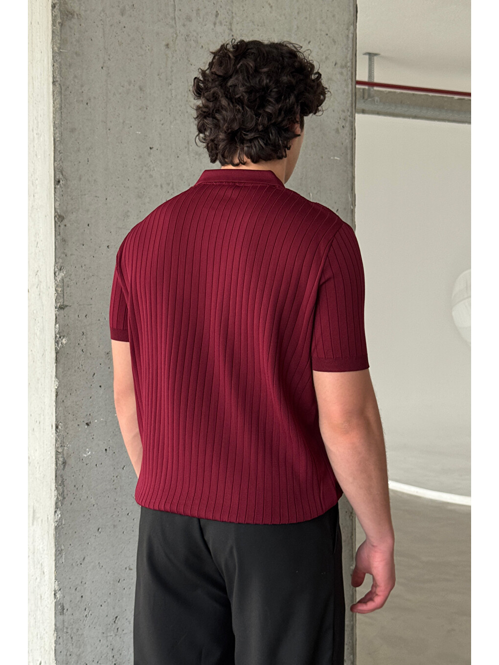 Bordo Erkek Oversize Fitilli Polo Yaka İnce Triko Tişört-6