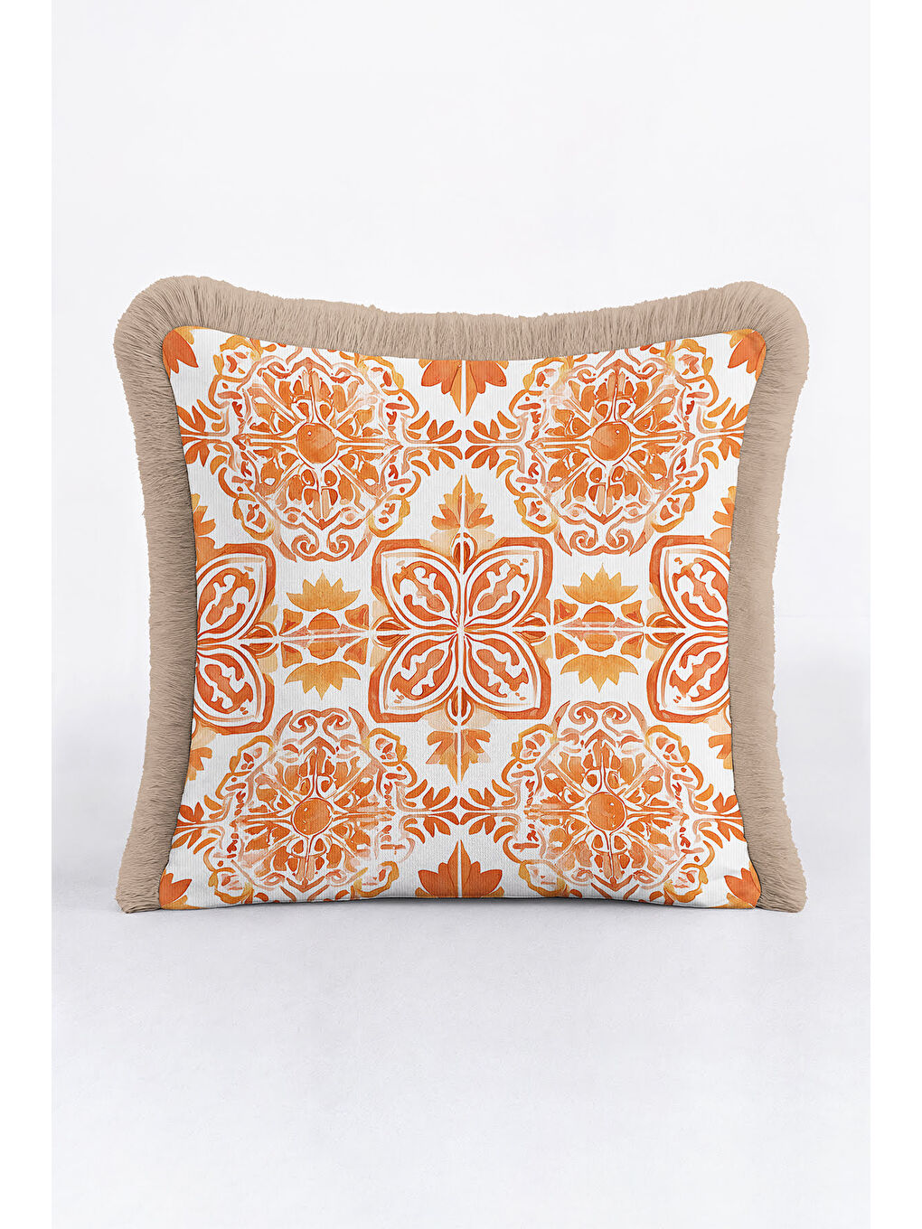 Karışık Otantik Altın Renkli Saçaklı Yastık Kılıfı - Akdeniz Bohem Turuncu Bej Püsküllü Kırlent Kılıfı-2