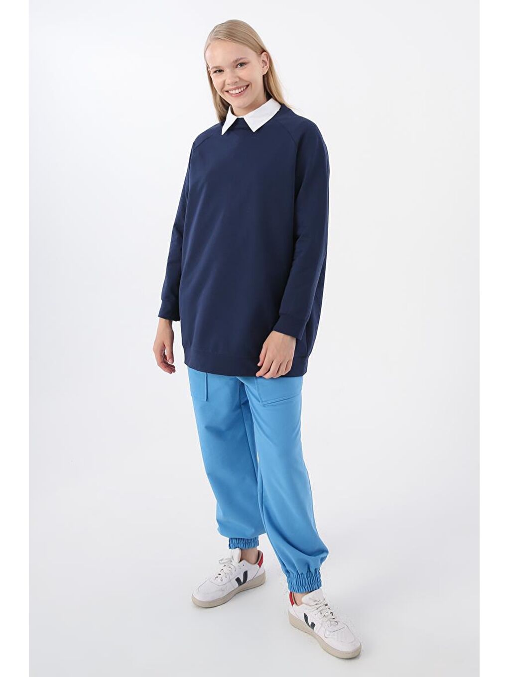 İndigo-Bisiklet Yaka Reglan Kol Elastanlı Sweat