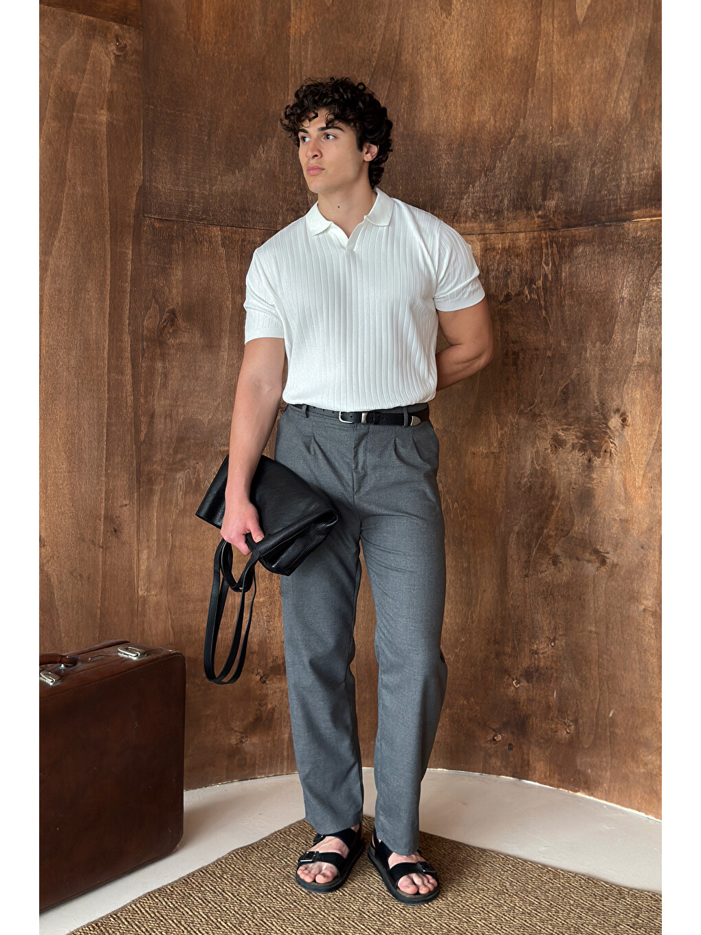 Beyaz Erkek Oversize Fitilli Polo Yaka İnce Triko Tişört-4