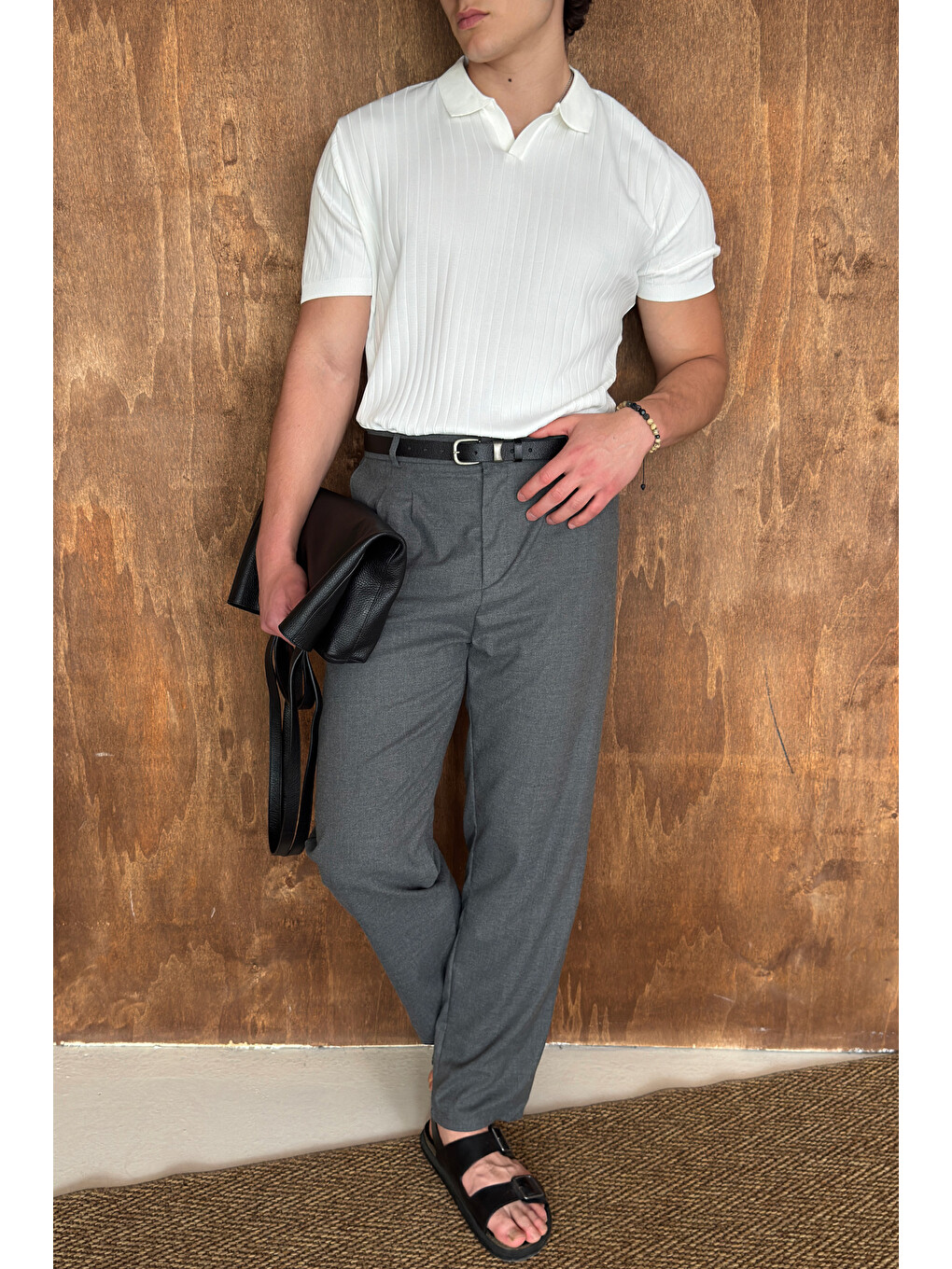 Beyaz Erkek Oversize Fitilli Polo Yaka İnce Triko Tişört-5