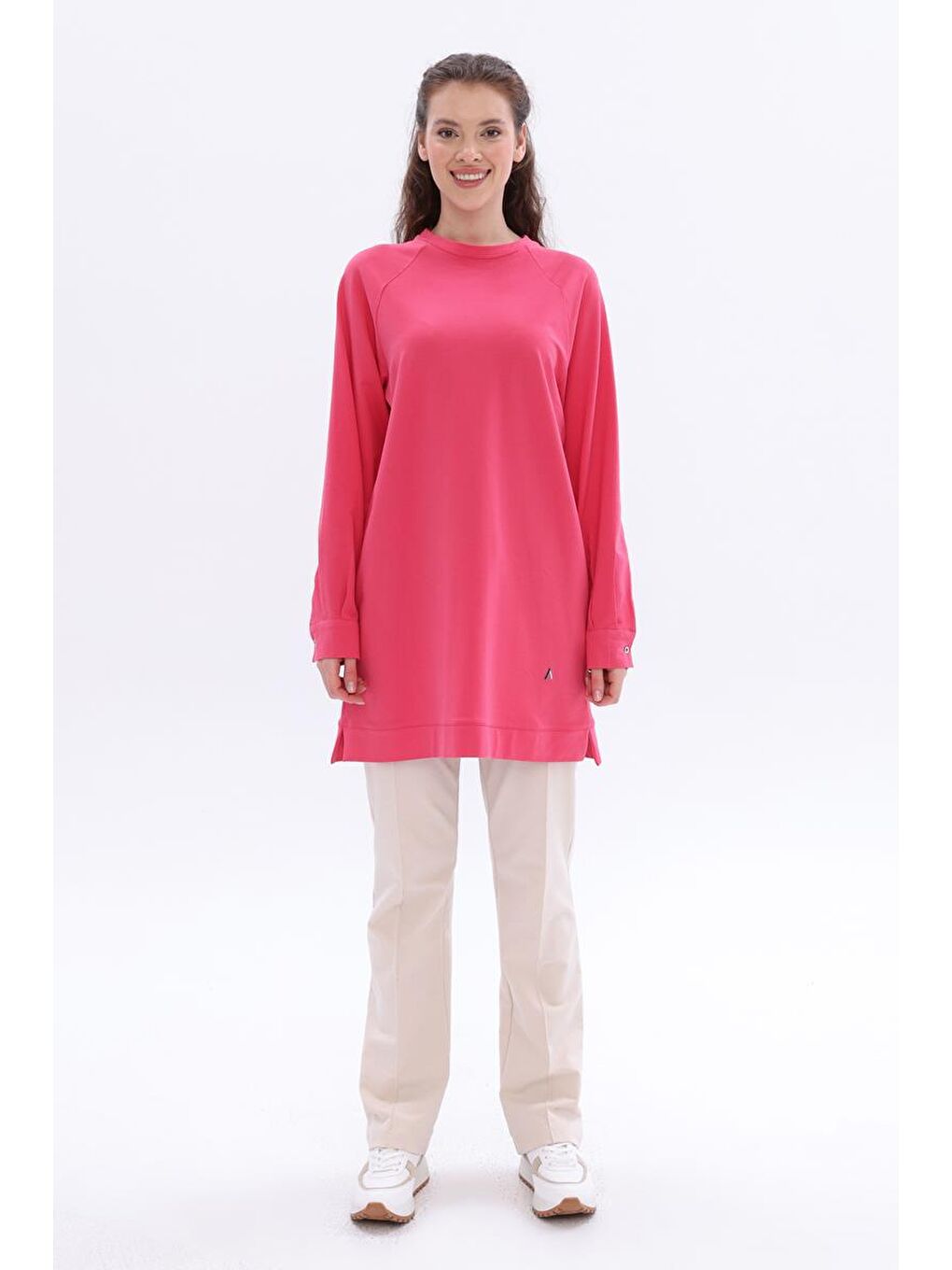 Pembe-Pamuklu Reglan Kol Manşetli Yanları Yırtmaçlı Elastanlı Sweat-1