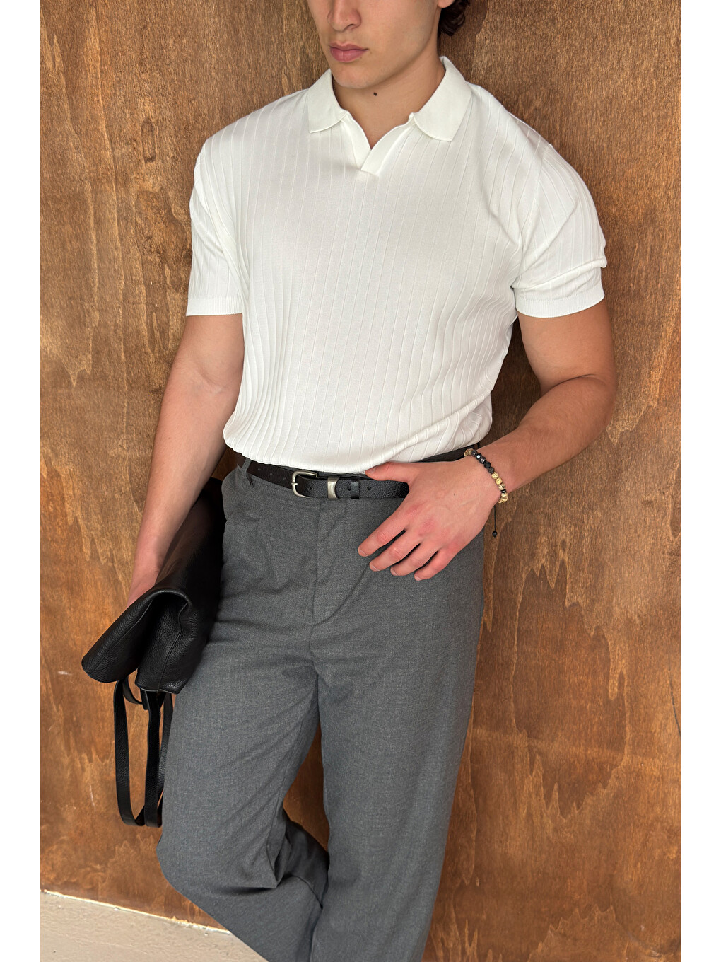 Beyaz Erkek Oversize Fitilli Polo Yaka İnce Triko Tişört-6