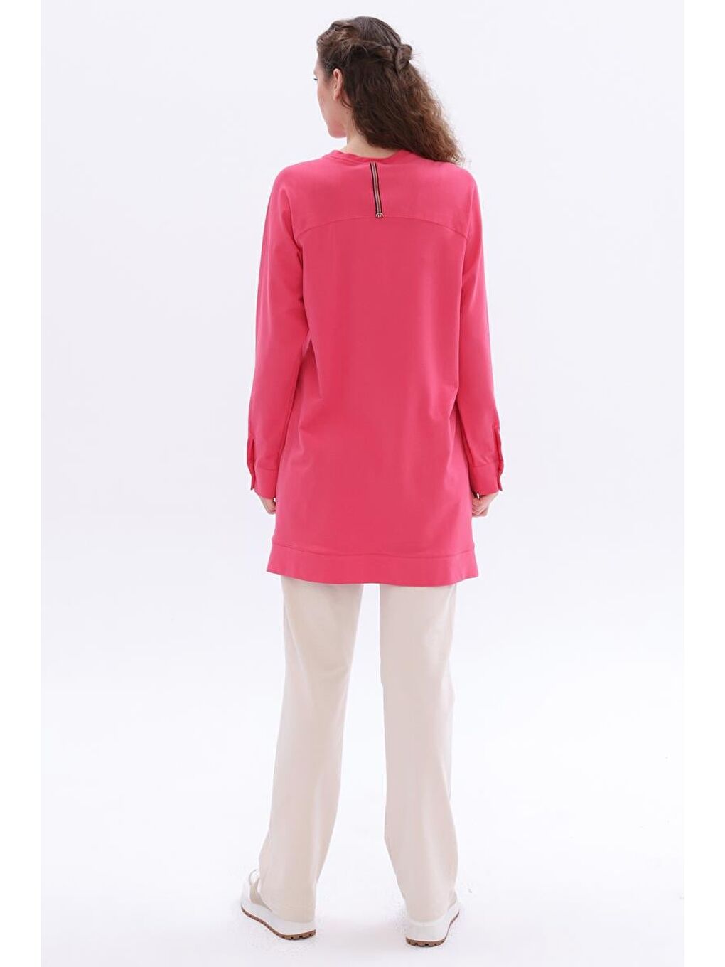 Pembe-Pamuklu Reglan Kol Manşetli Yanları Yırtmaçlı Elastanlı Sweat-3