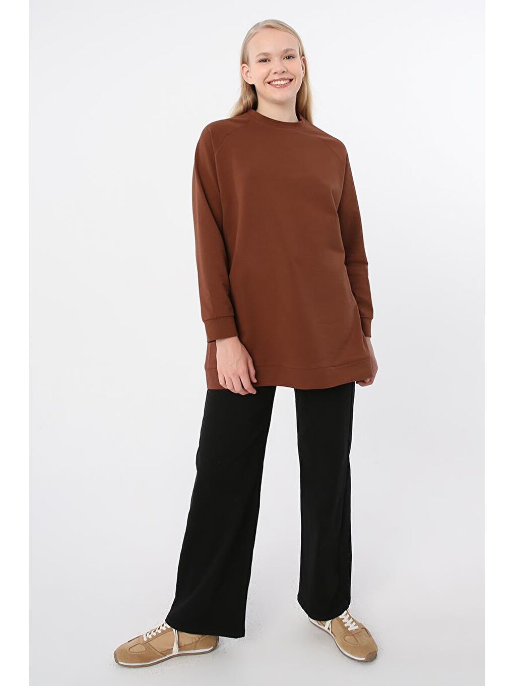 Kahverengi Kahve-Bisiklet Yaka Reglan Kol Elastanlı Sweat