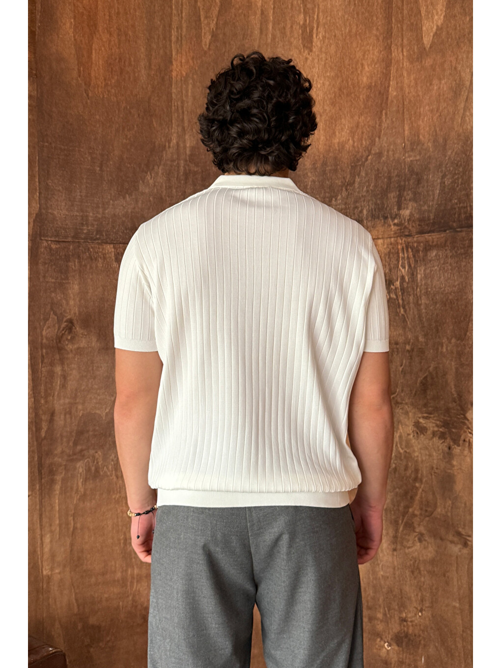 Beyaz Erkek Oversize Fitilli Polo Yaka İnce Triko Tişört-8