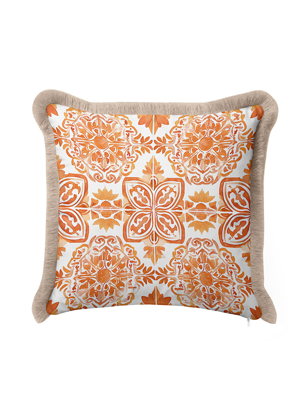 Karışık Otantik Altın Renkli Saçaklı Yastık Kılıfı - Akdeniz Bohem Turuncu Bej Püsküllü Kırlent Kılıfı-4