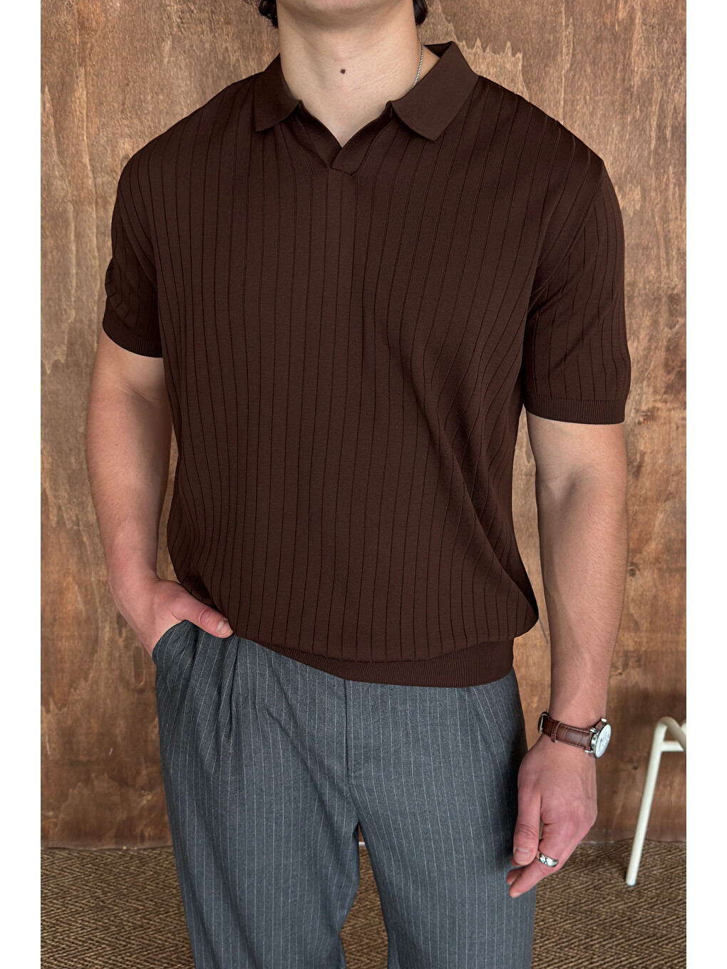 Kahverengi Erkek Oversize Fitilli Polo Yaka İnce Triko Tişört-3