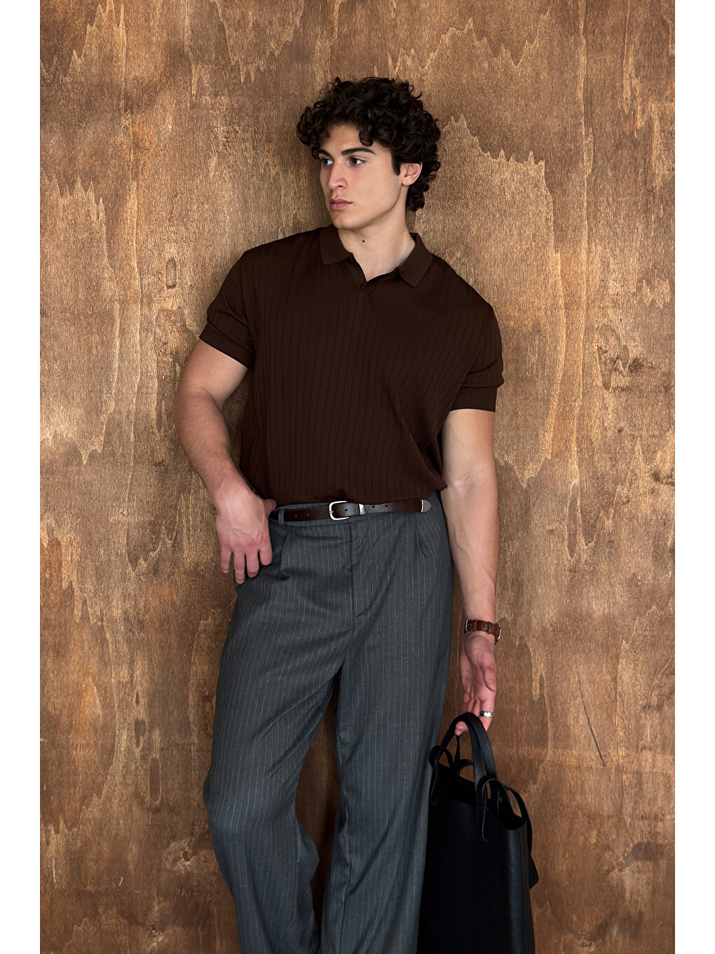Kahverengi Erkek Oversize Fitilli Polo Yaka İnce Triko Tişört-4