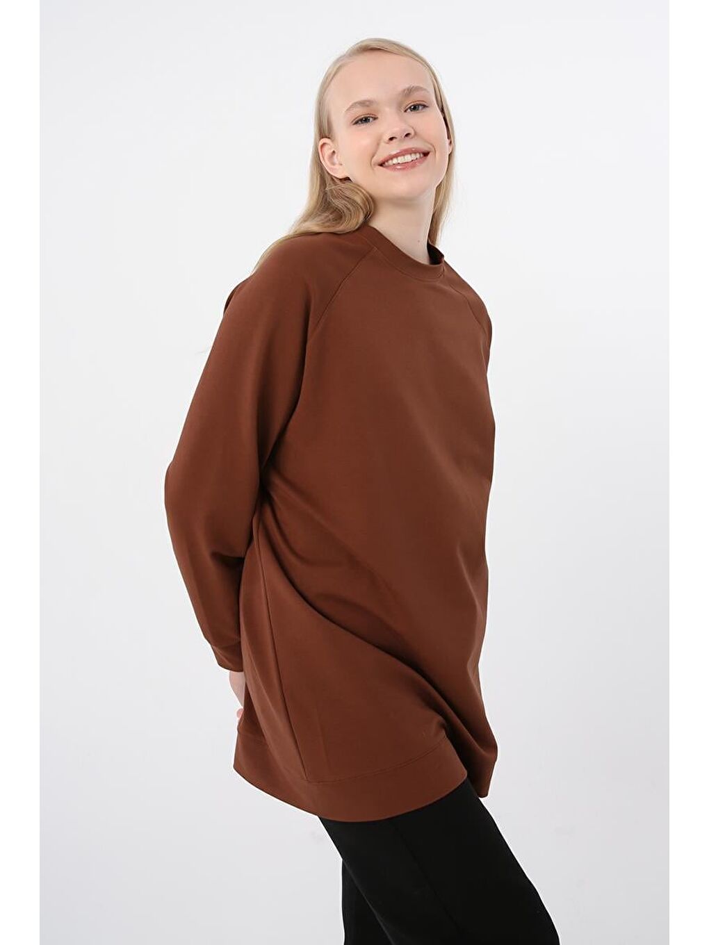 Kahverengi Kahve-Bisiklet Yaka Reglan Kol Elastanlı Sweat-4