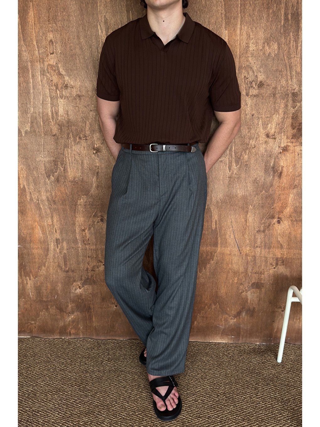 Kahverengi Erkek Oversize Fitilli Polo Yaka İnce Triko Tişört-5