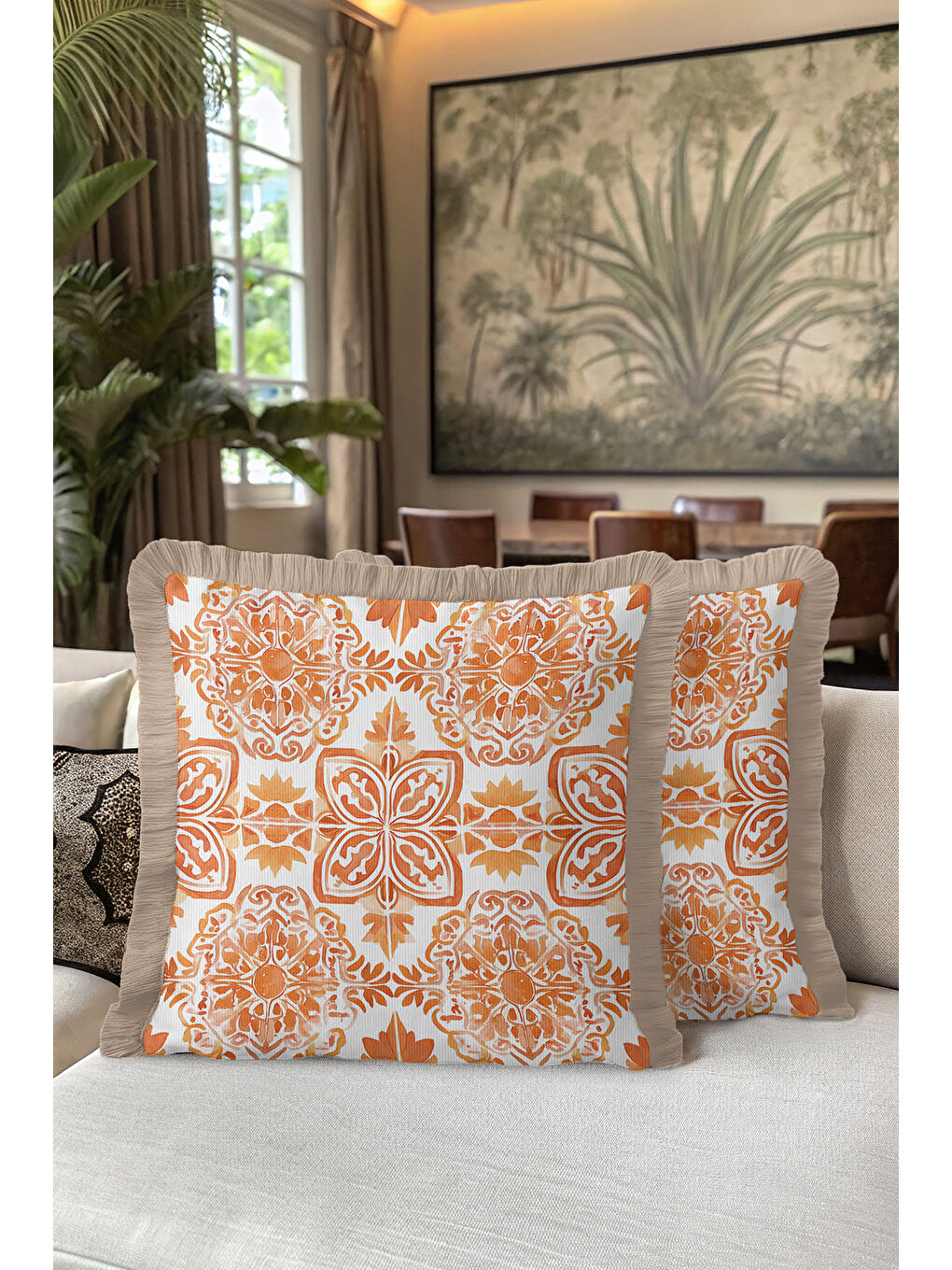 Karışık Otantik Altın Renkli Saçaklı Yastık Kılıfı - Akdeniz Bohem Turuncu Bej Püsküllü Kırlent Kılıfı-5