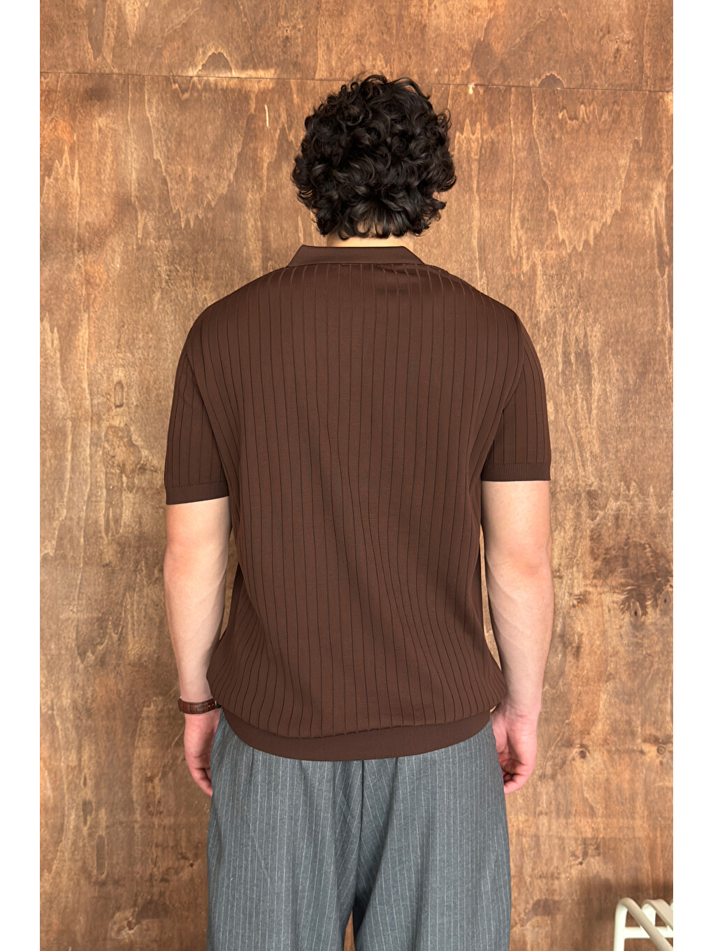 Kahverengi Erkek Oversize Fitilli Polo Yaka İnce Triko Tişört-7