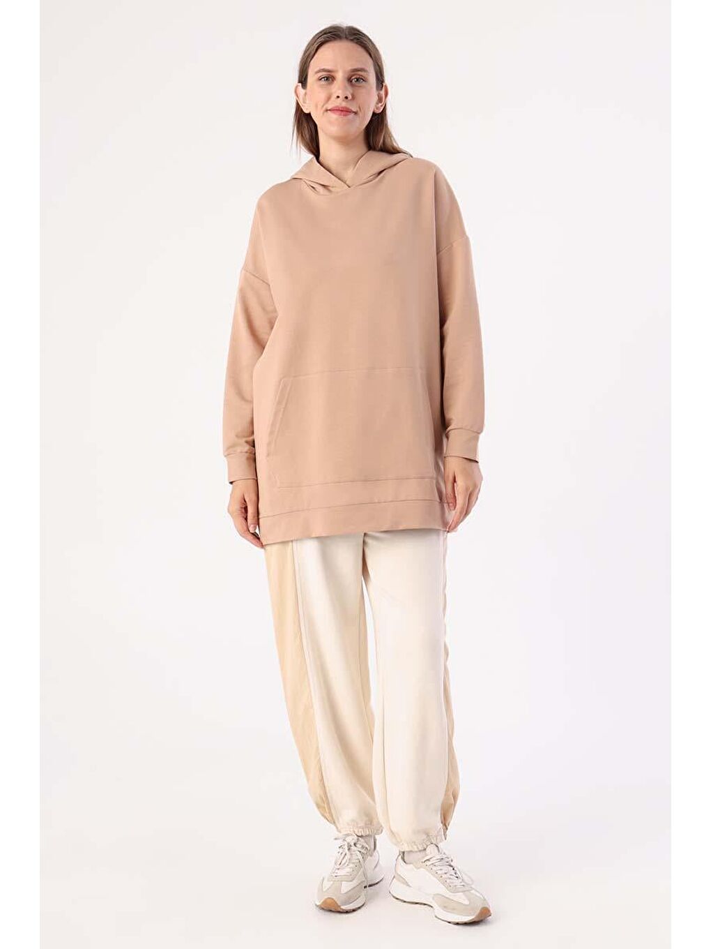 Bej Kapüşonlu Kanguru Cepli Sweat-1