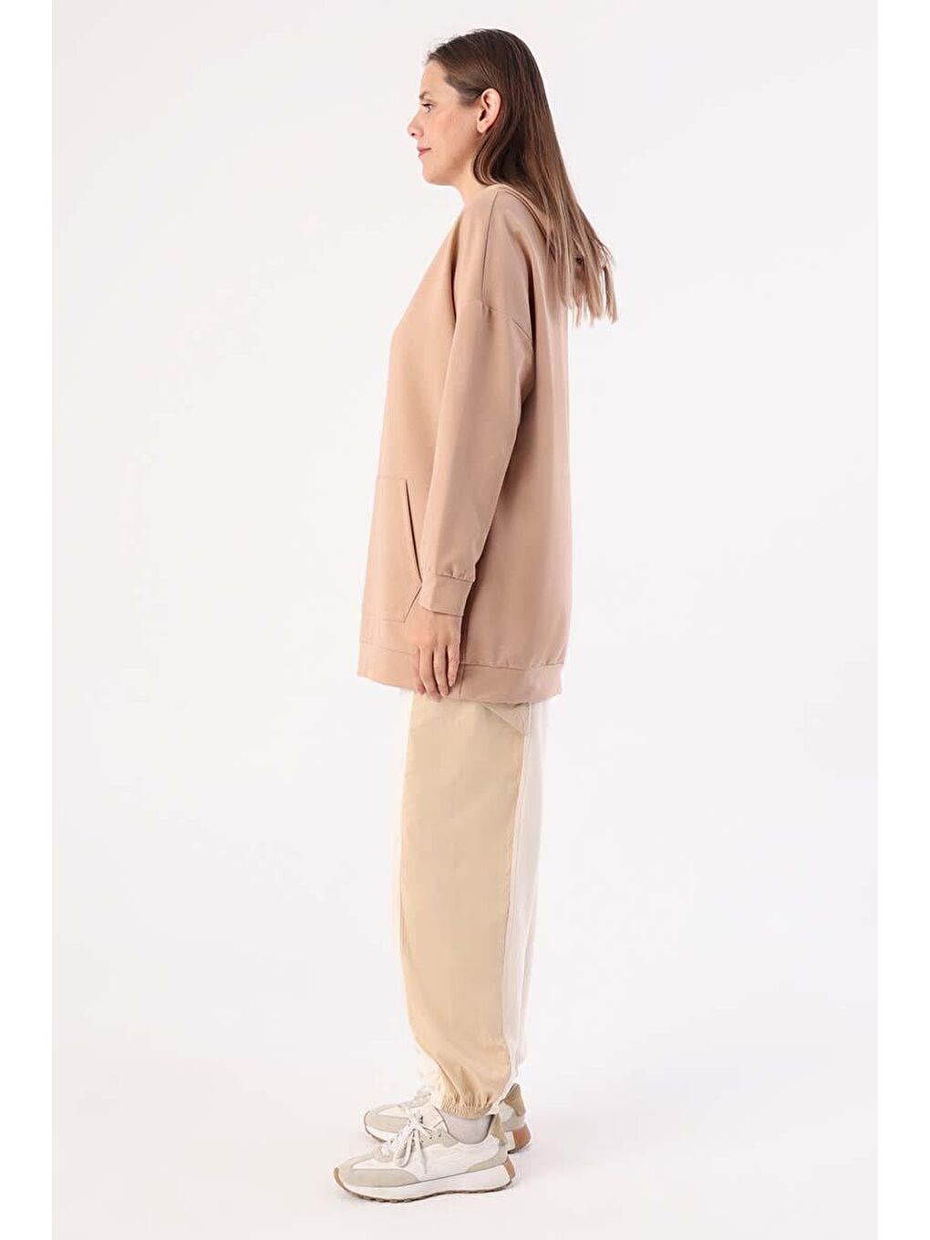 Bej Kapüşonlu Kanguru Cepli Sweat-2
