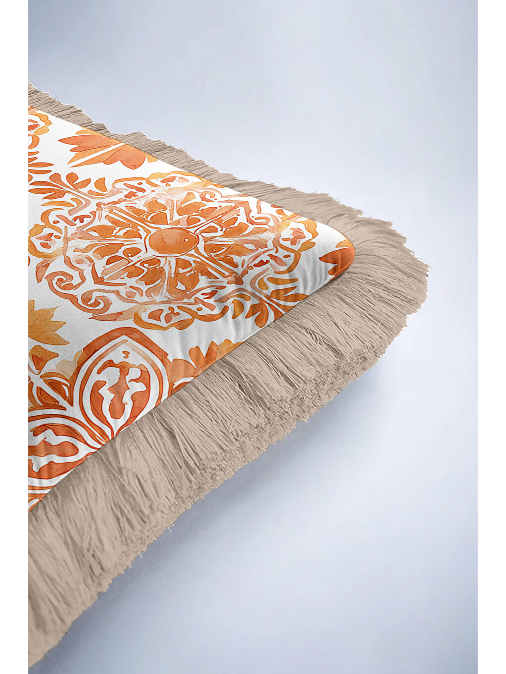 Karışık Otantik Altın Renkli Saçaklı Yastık Kılıfı - Akdeniz Bohem Turuncu Bej Püsküllü Kırlent Kılıfı-6