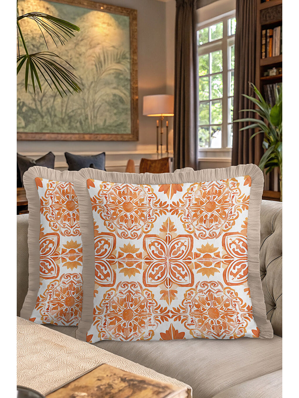 Karışık Otantik Altın Renkli Saçaklı Yastık Kılıfı - Akdeniz Bohem Turuncu Bej Püsküllü Kırlent Kılıfı-7