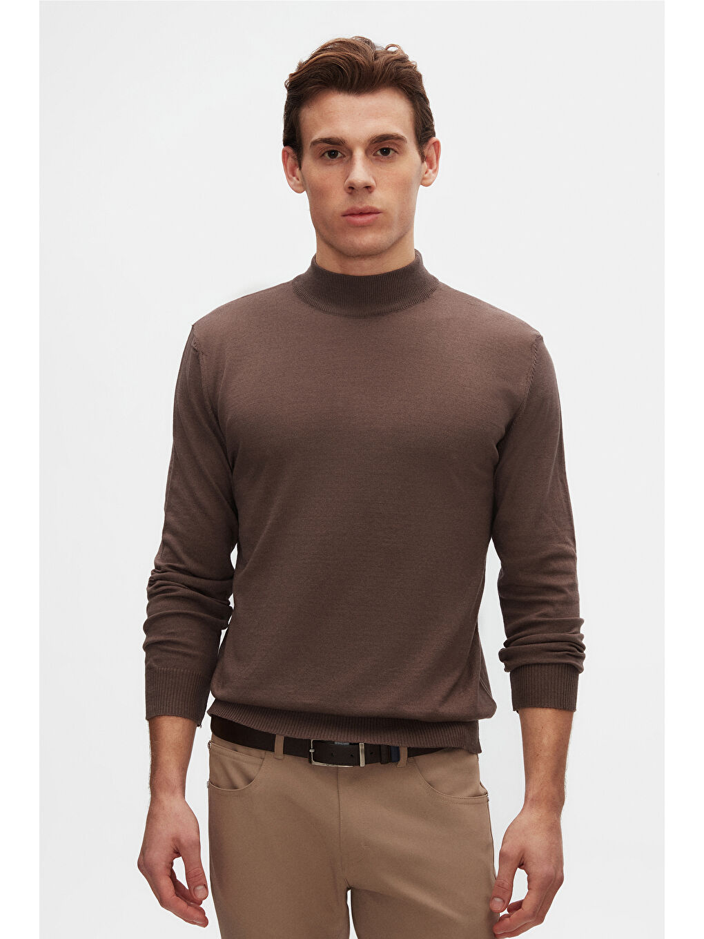 Bej Regular Fit Vizon Pamuk Karışımlı Yarım Balıkçı Triko Kazak-1