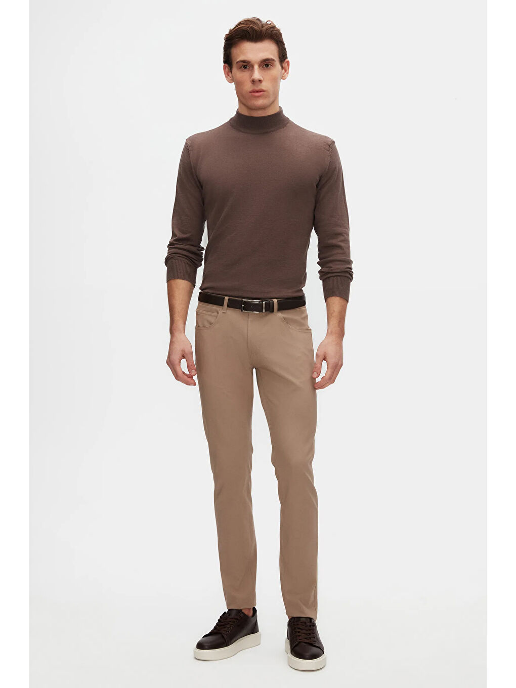 Bej Regular Fit Vizon Pamuk Karışımlı Yarım Balıkçı Triko Kazak-3