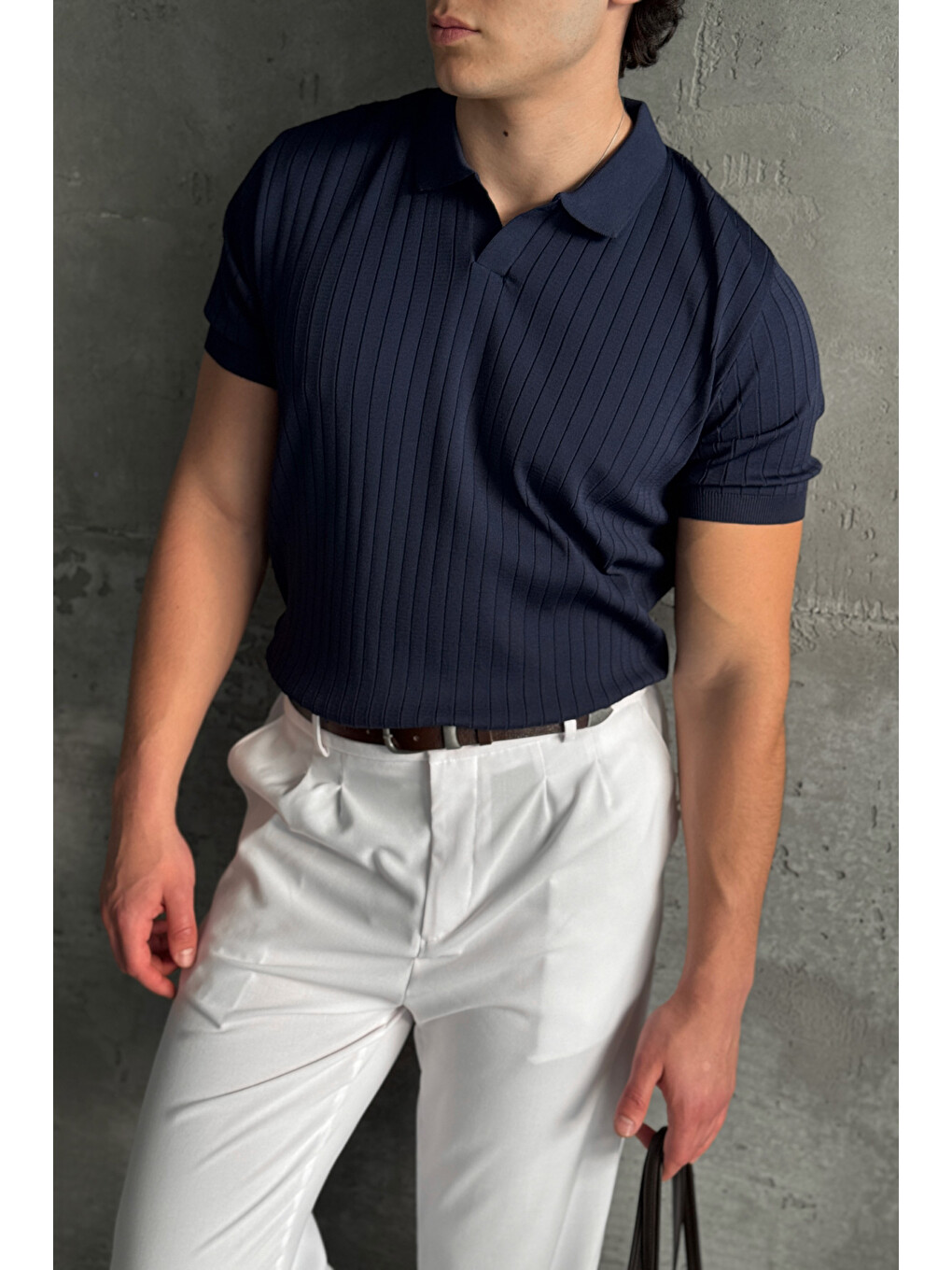 Lacivert Erkek Oversize Fitilli Polo Yaka İnce Triko Tişört-8