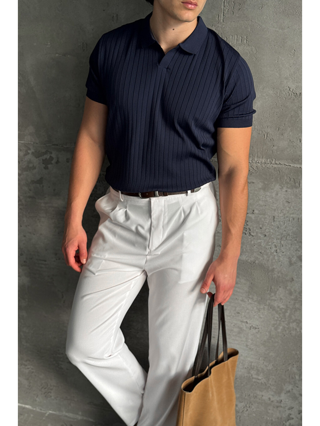 Lacivert Erkek Oversize Fitilli Polo Yaka İnce Triko Tişört-9