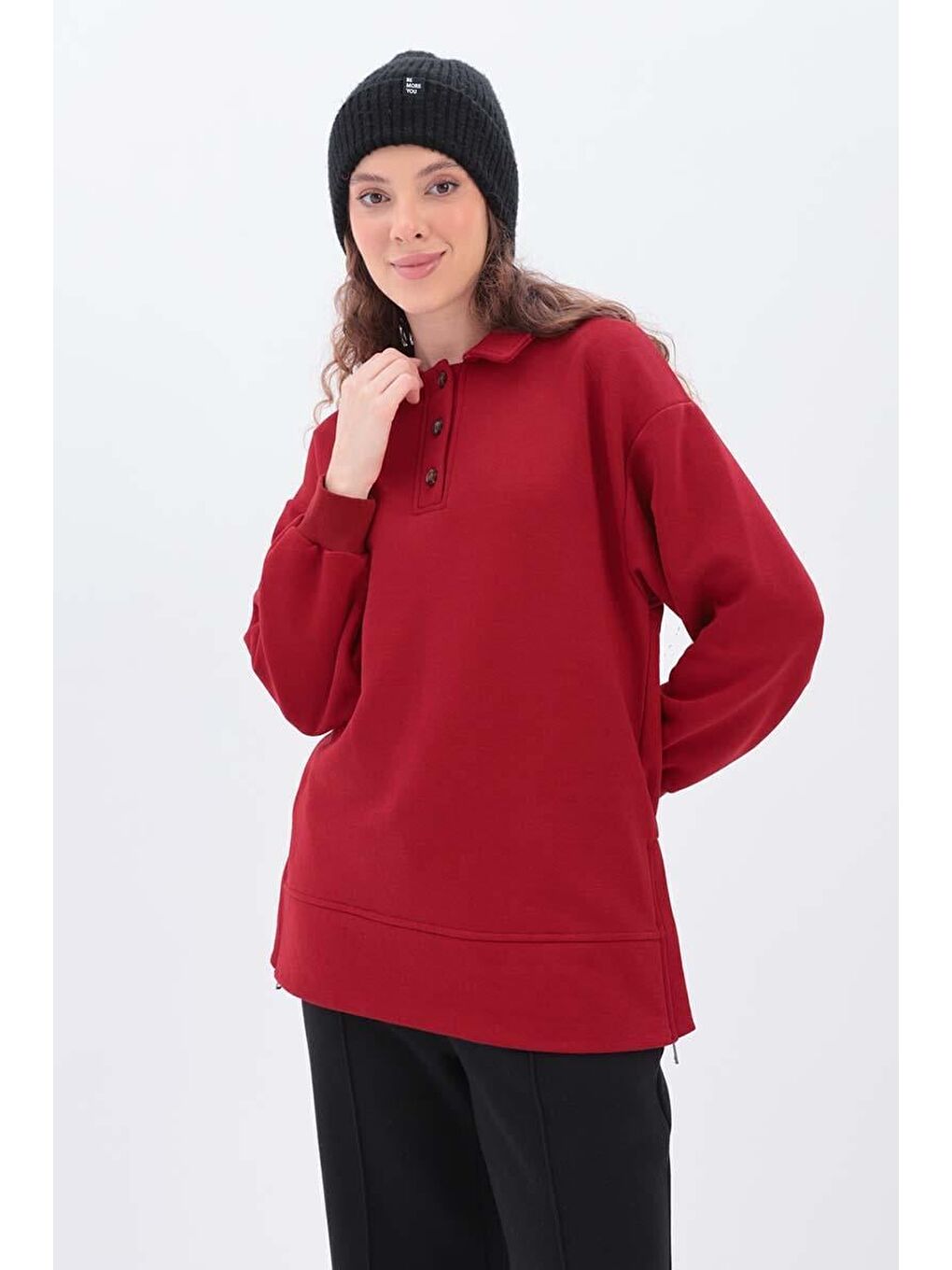 Kırmızı Yanları Fermuarlı Yakalı Sweat Tunik