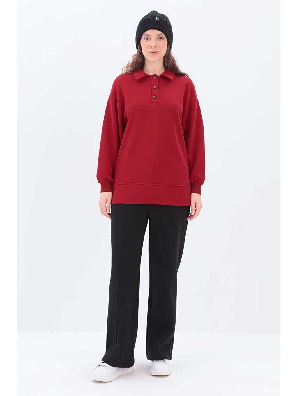 Kırmızı Yanları Fermuarlı Yakalı Sweat Tunik-1