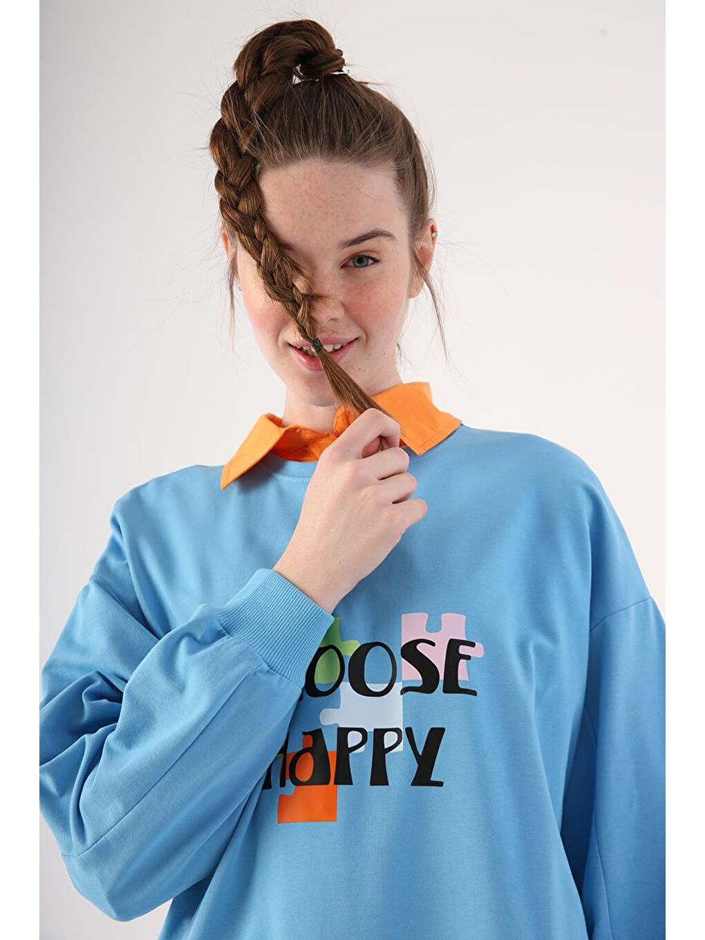 Mavi Oversize Bisiklet Yaka Baskılı Sweatshirt