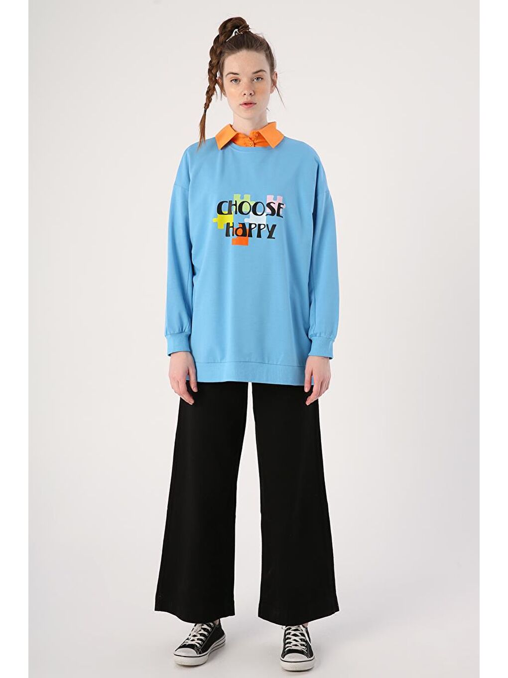 Mavi Oversize Bisiklet Yaka Baskılı Sweatshirt-1