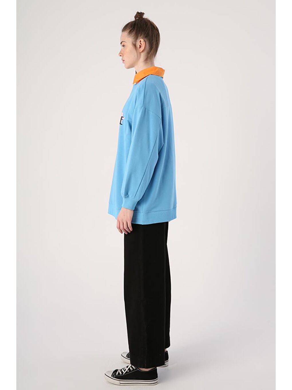 Mavi Oversize Bisiklet Yaka Baskılı Sweatshirt-2