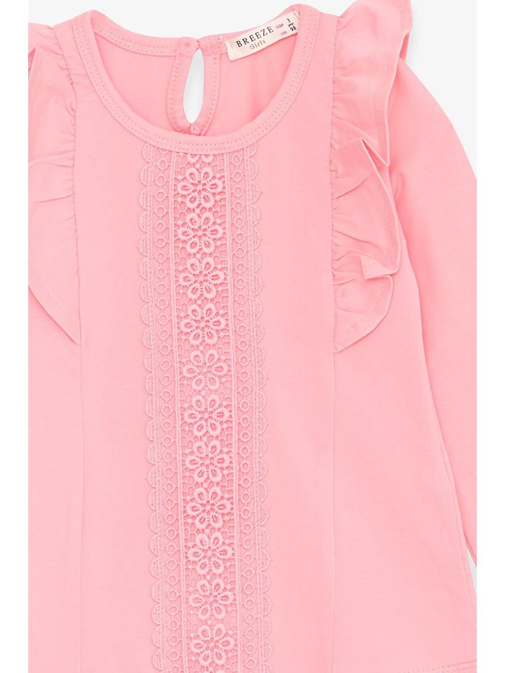 Pembe Kız Çocuk Uzun Kollu Tişört Güpürlü Fırfırlı Pudra (3-8 Yaş)-2