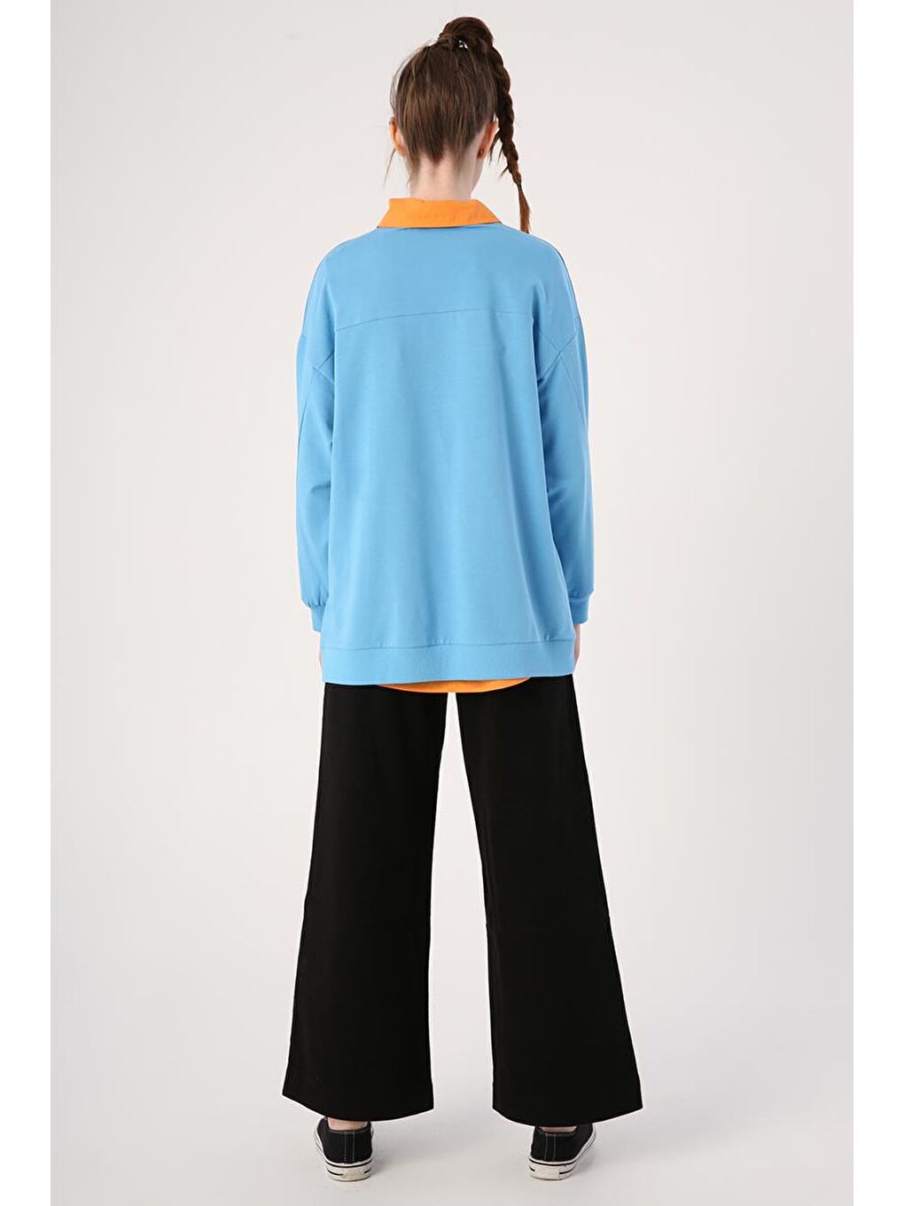 Mavi Oversize Bisiklet Yaka Baskılı Sweatshirt-3