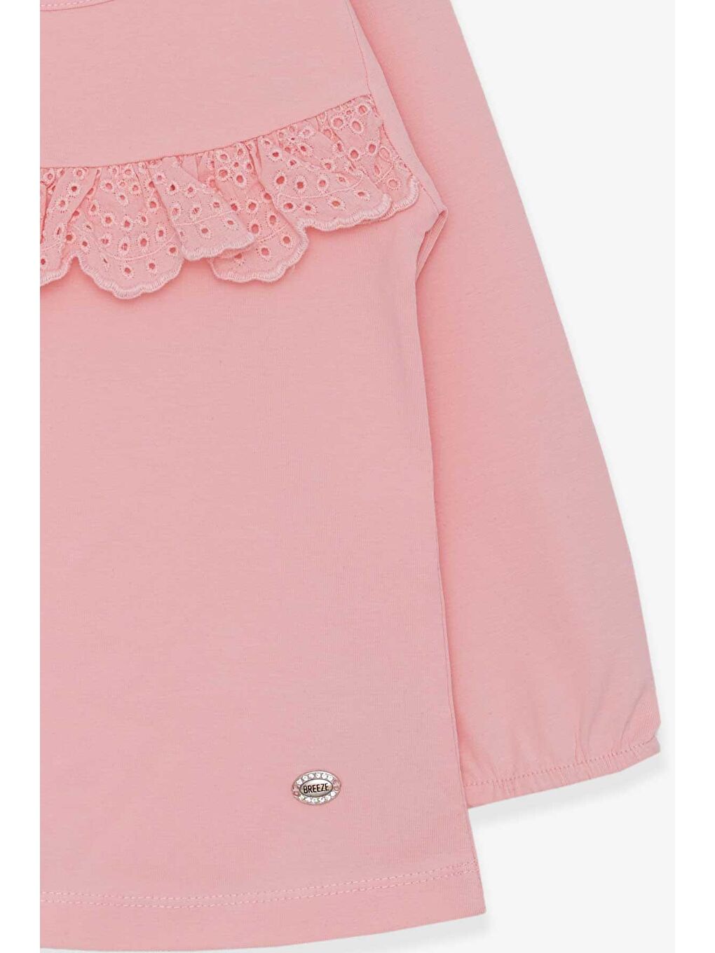 Pembe Kız Çocuk Uzun Kollu Tişört Fırıfırlı Pudra (3-8 Yaş)-3