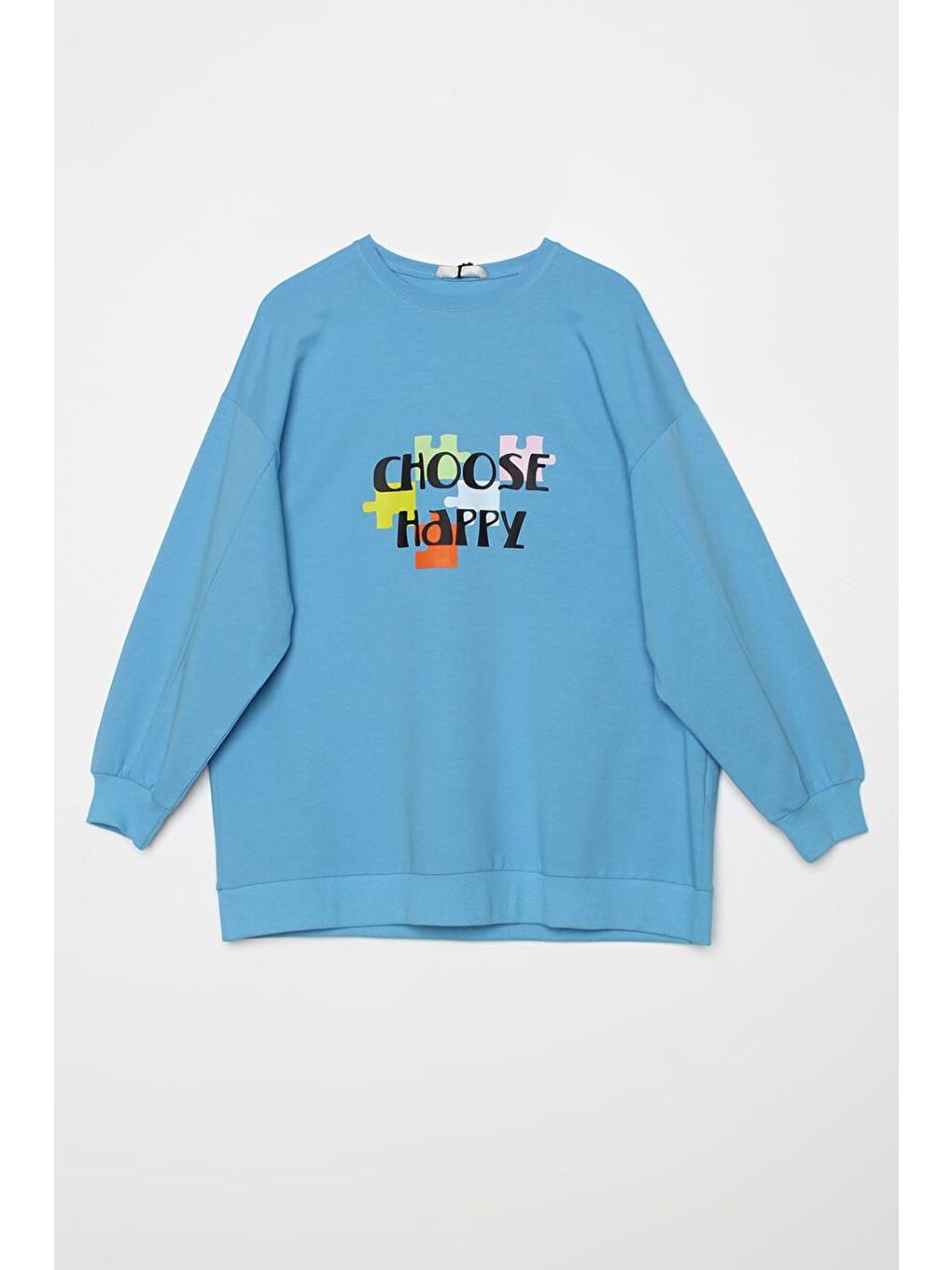 Mavi Oversize Bisiklet Yaka Baskılı Sweatshirt-6