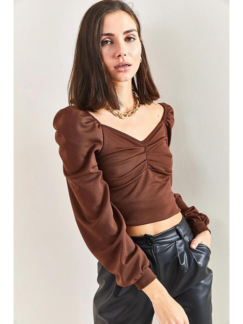 Kahverengi Kadın Önü Dikişli Prenses Kol Bluz