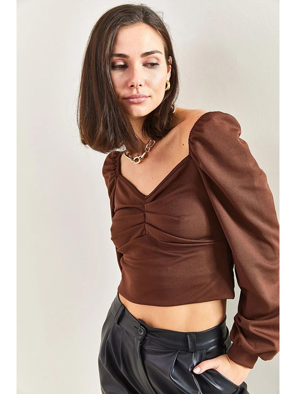Kahverengi Kadın Önü Dikişli Prenses Kol Bluz-1