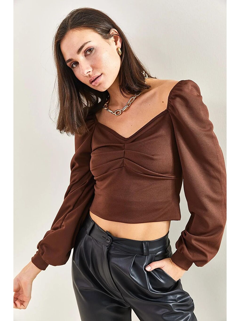 Kahverengi Kadın Önü Dikişli Prenses Kol Bluz-2
