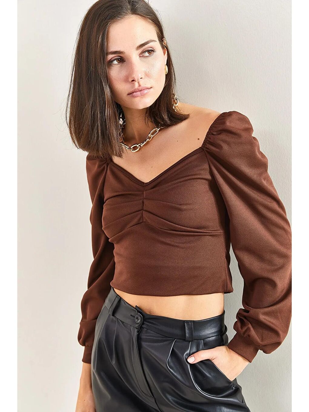 Kahverengi Kadın Önü Dikişli Prenses Kol Bluz-3