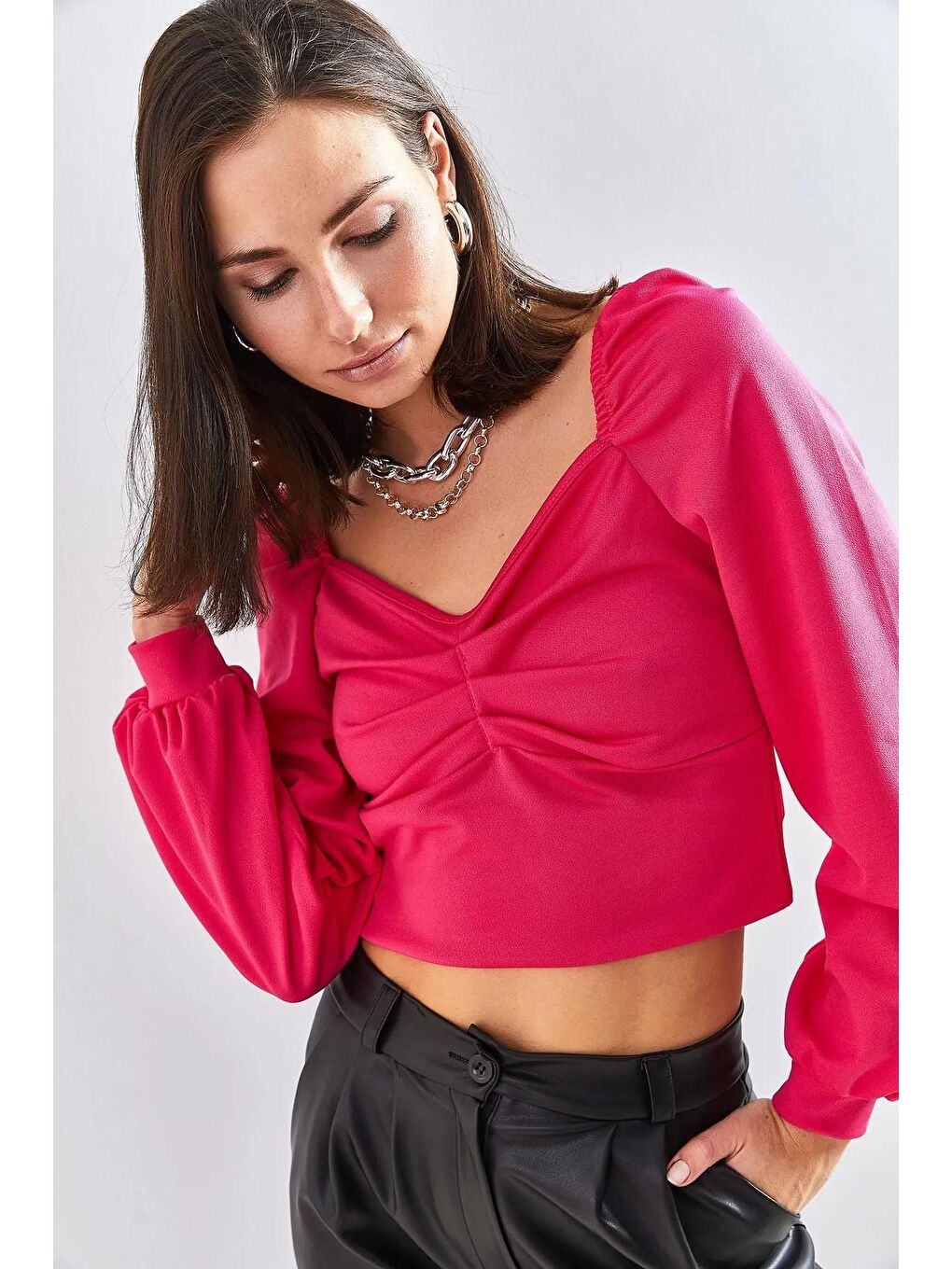 Fuşya Kadın Önü Dikişli Prenses Kol Bluz