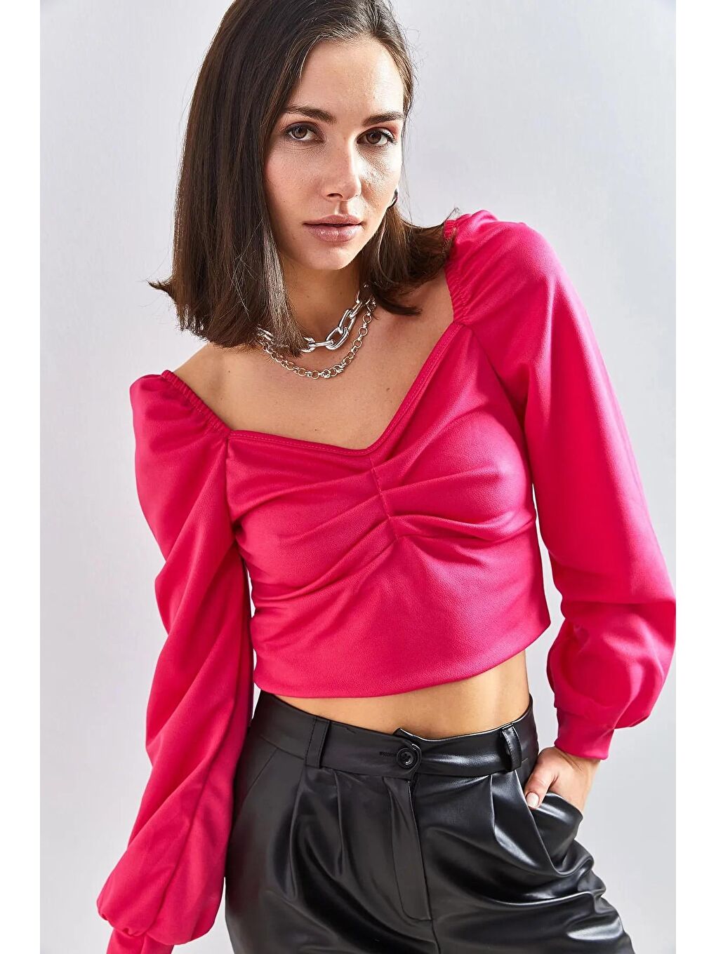 Fuşya Kadın Önü Dikişli Prenses Kol Bluz-1