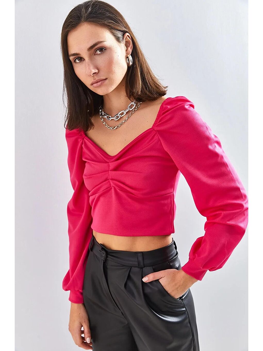 Fuşya Kadın Önü Dikişli Prenses Kol Bluz-2